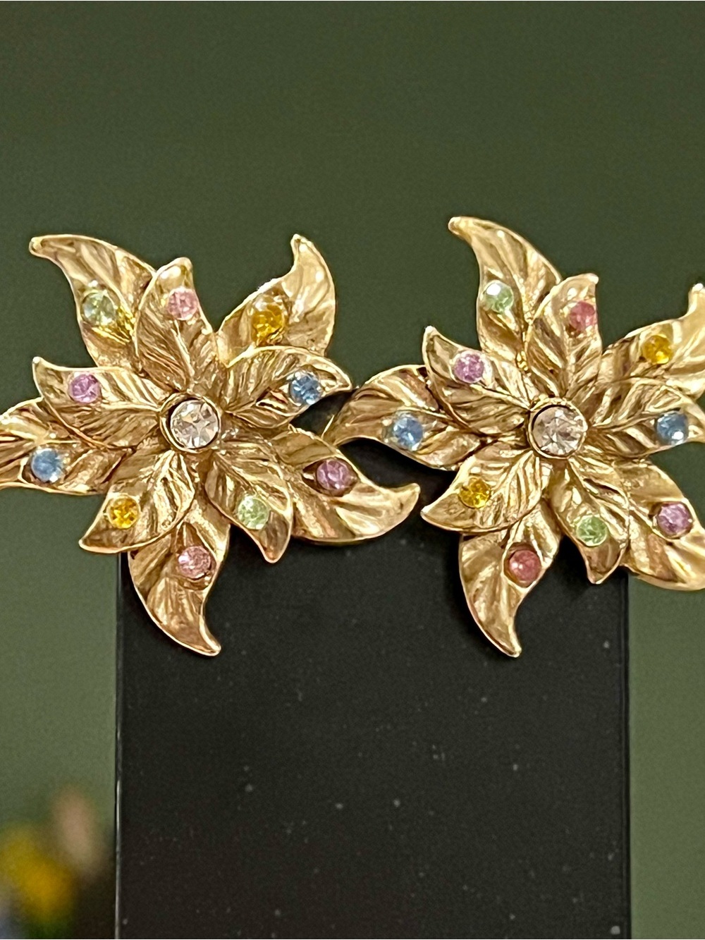 Two Sisters Signed Multicolor Rhinestone Floral Goldtone Clip Earrings Vintage